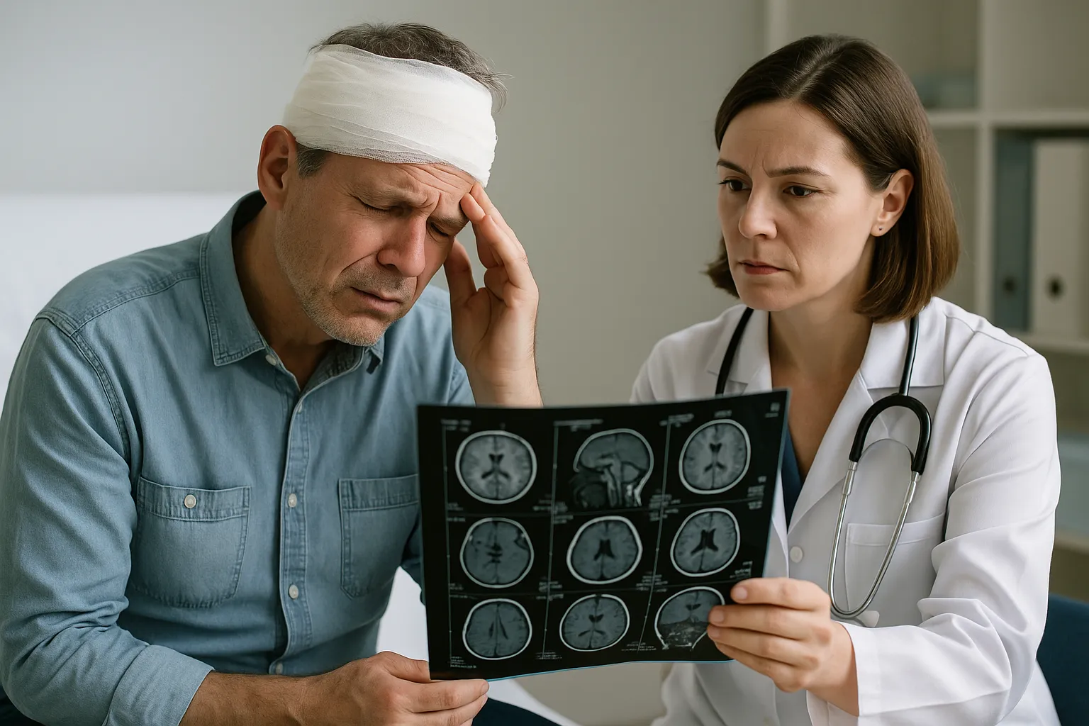 Пациент с повязкой на голове после черепно-мозговой травмы, врач изучает МРТ